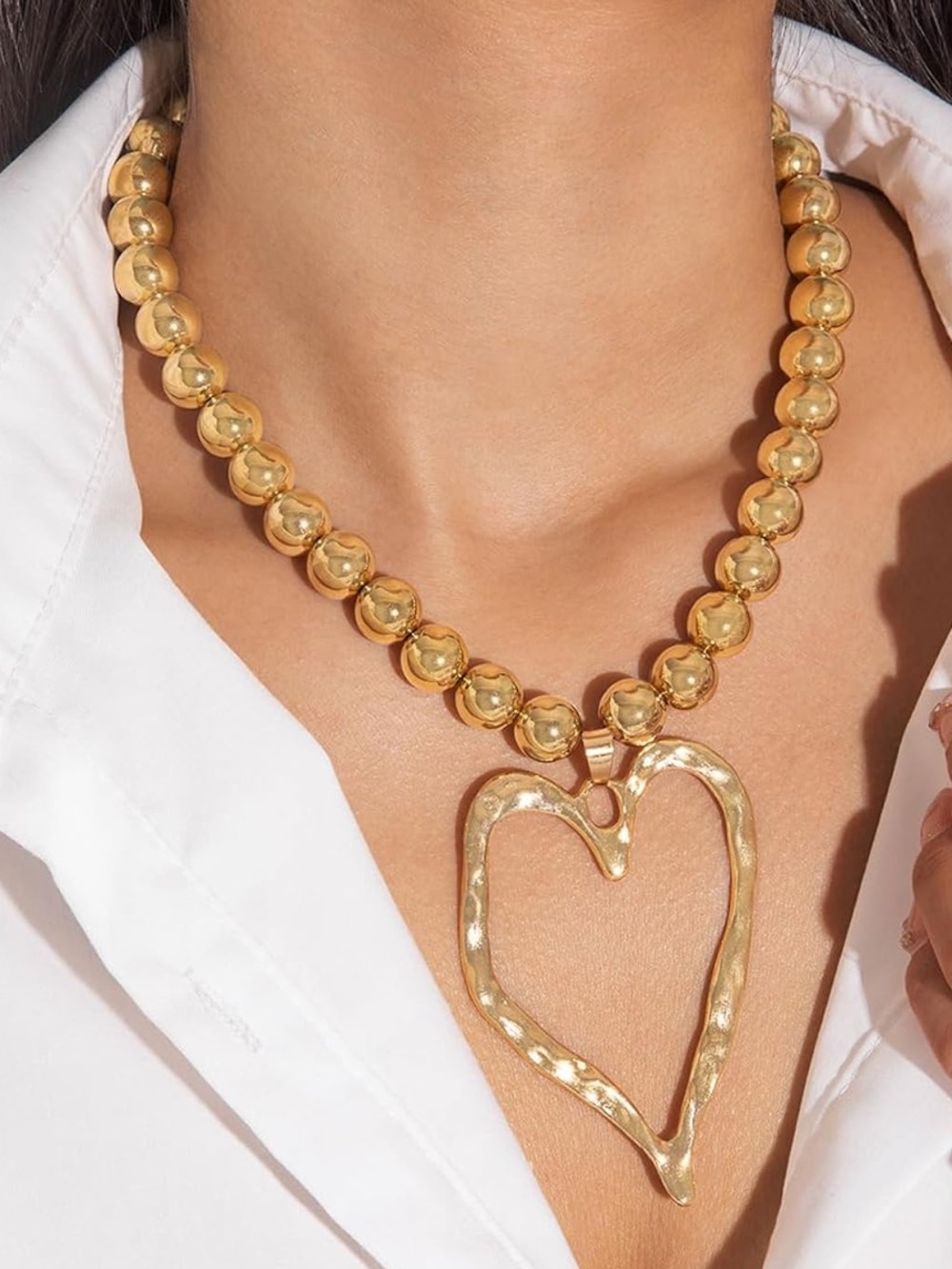 Zara Gold Beaded Necklace with Hammered Heart Pendant